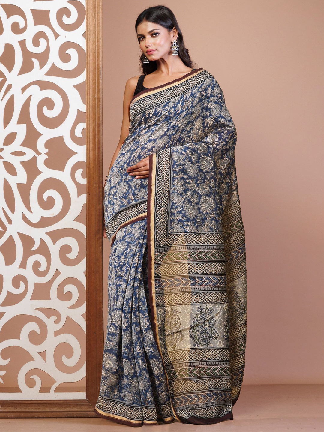 

Unnati Silks Kalamkari Handloom Chanderi Saree, Blue