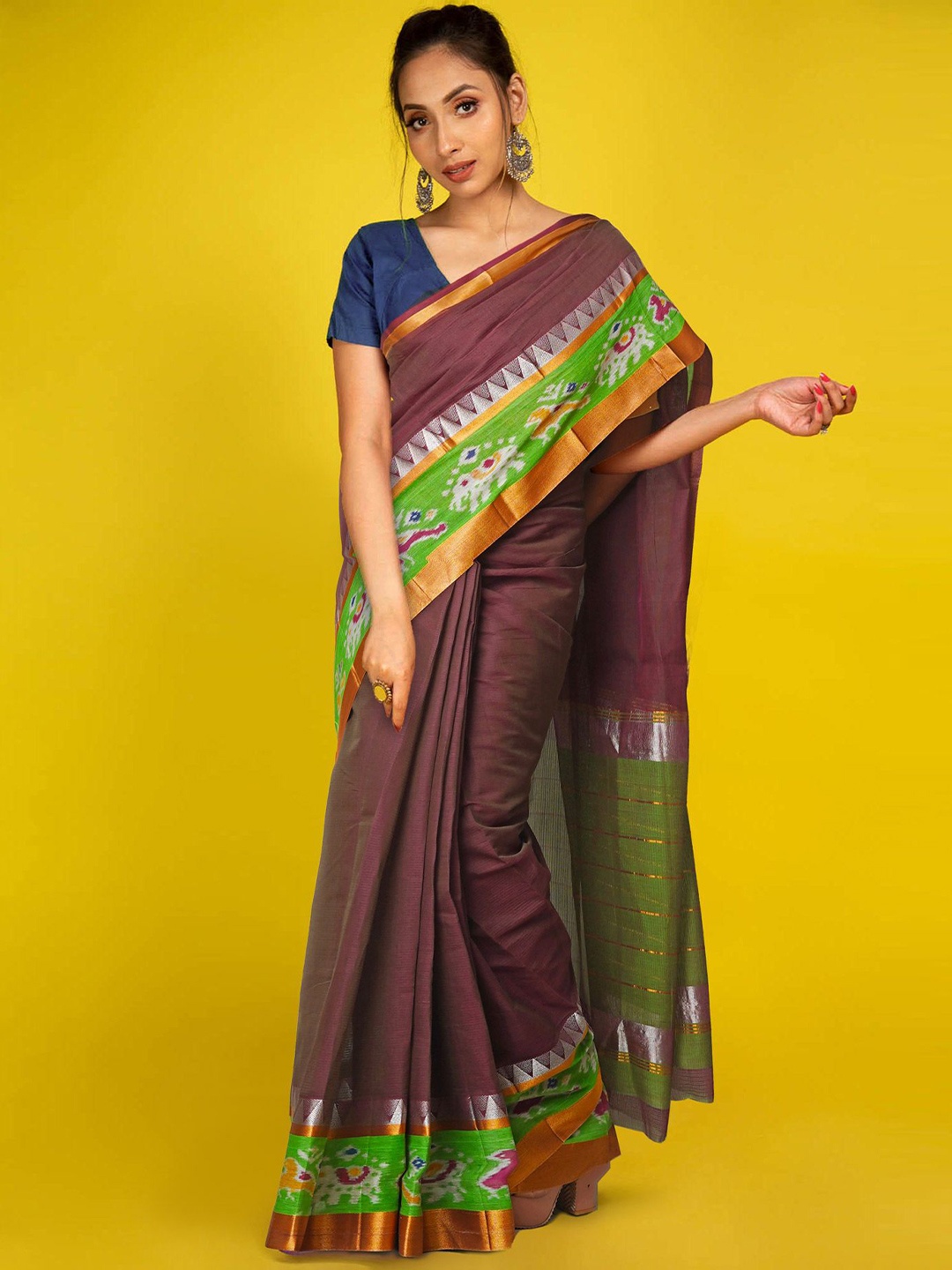 

Unnati Silks Woven Design Zari Silk Cotton Handloom Kanjeevaram Saree, Brown