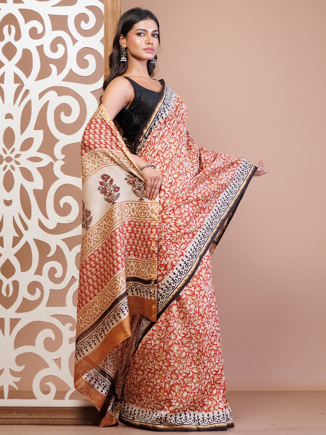 

Unnati Silks Kalamkari Zari Handloom Chanderi Saree, Red