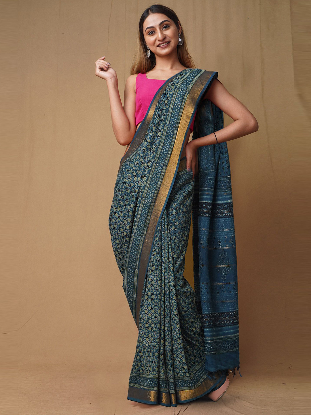 

Unnati Silks Ethnic Motifs Zari Pure Silk Handloom Chanderi Saree, Blue