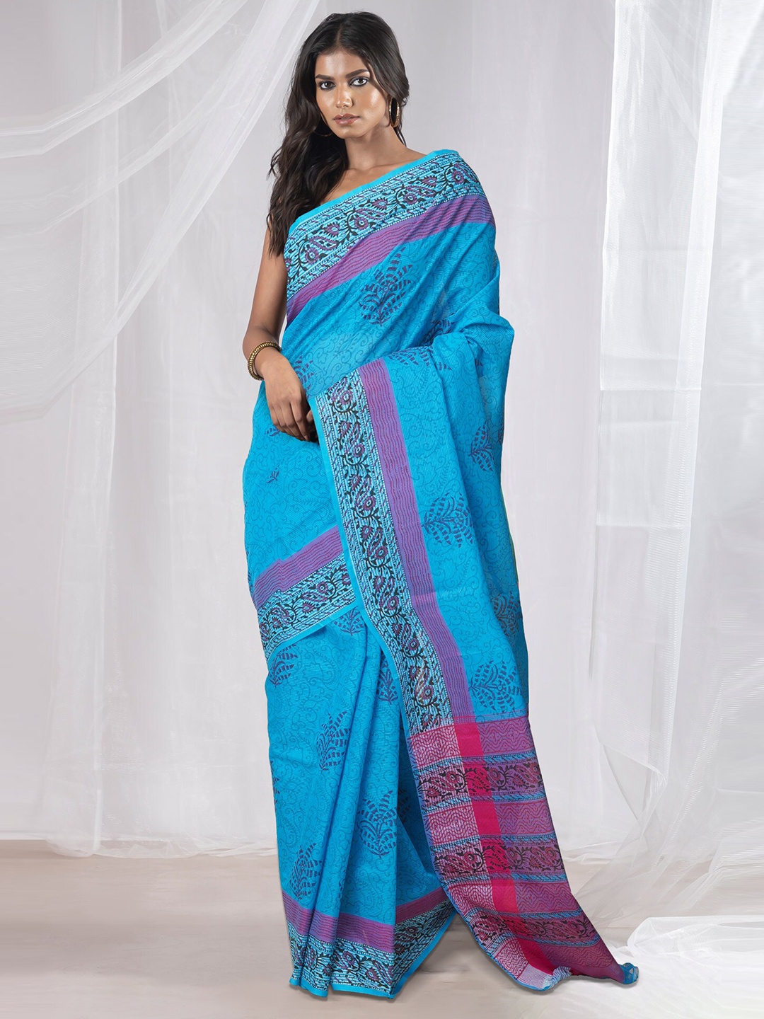 

Unnati Silks Ethnic Motifs Pure Cotton Handloom Mangalagiri Saree, Blue