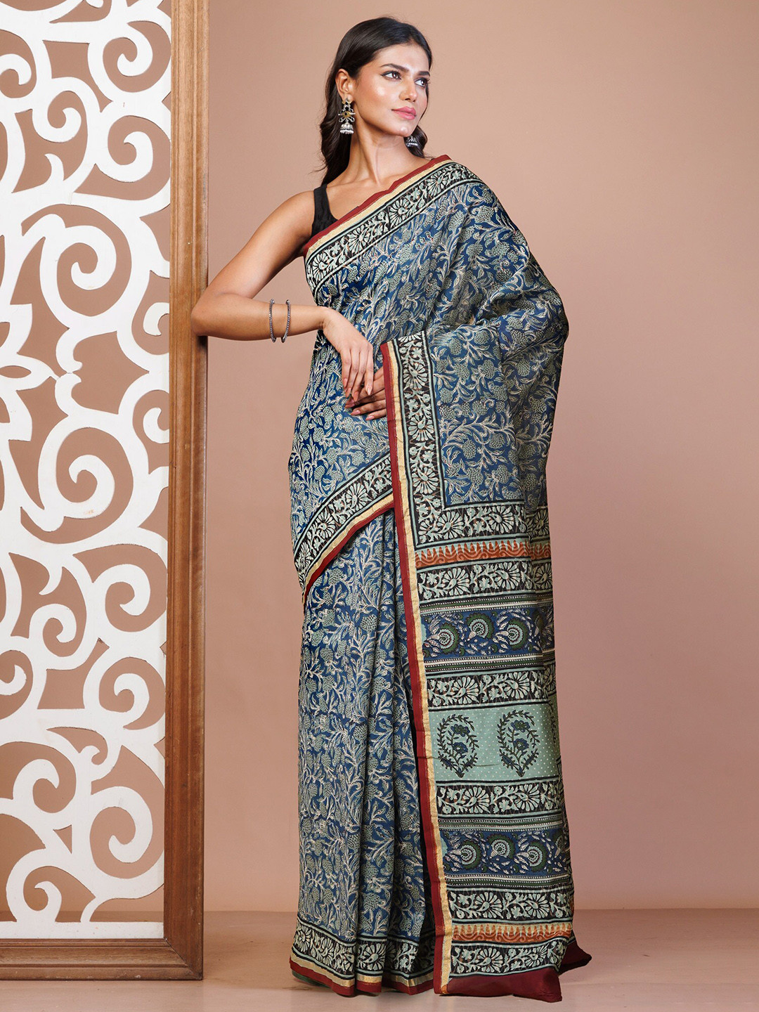 

Unnati Silks Kalamkari Silk Cotton Handloom Chanderi Saree, Blue