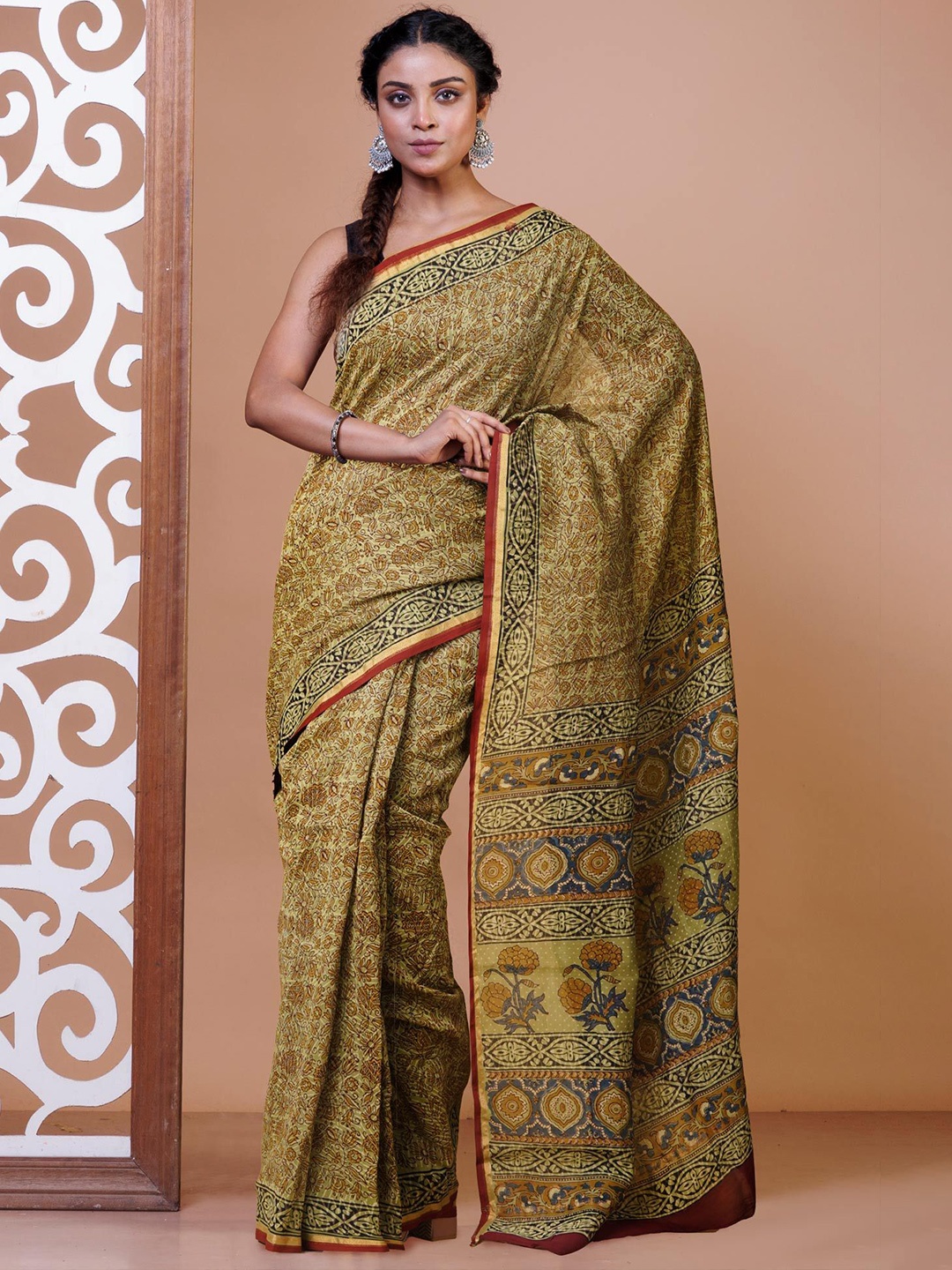 

Unnati Silks Kalamkari Zari Handloom Chanderi Saree, Green