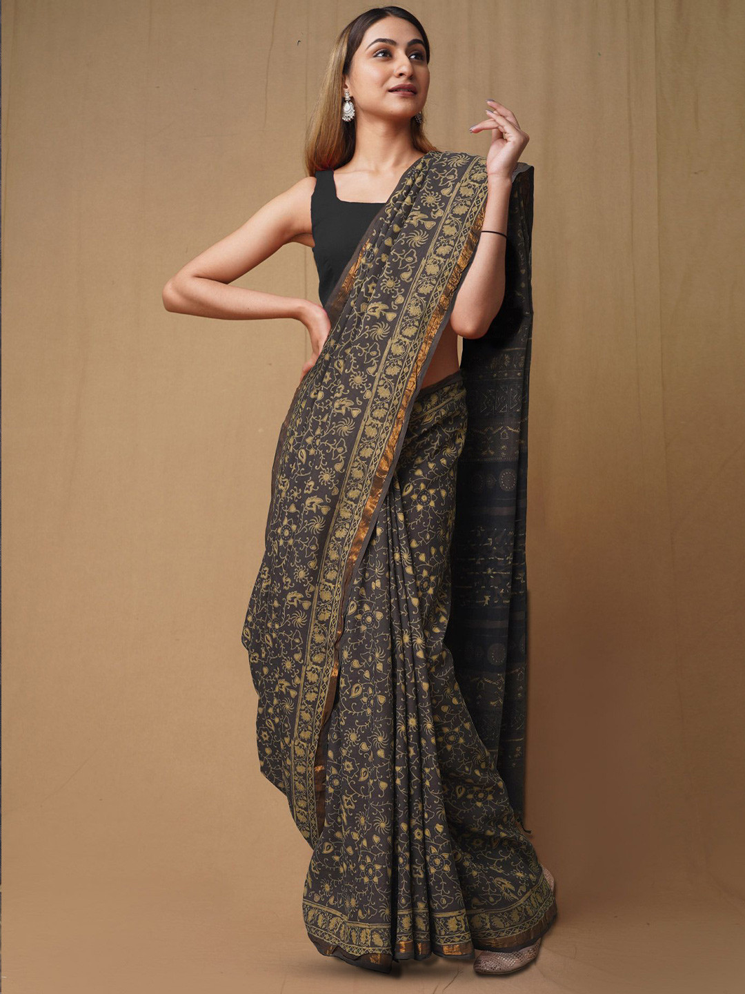 

Unnati Silks Ajrak Block Zari Pure Silk Handloom Chanderi Saree, Brown