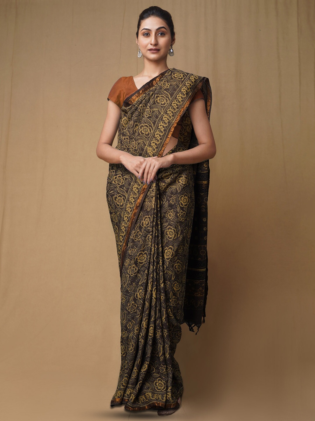 

Unnati Silks Ajrak Block Zari Pure Silk Handloom Chanderi Saree, Brown