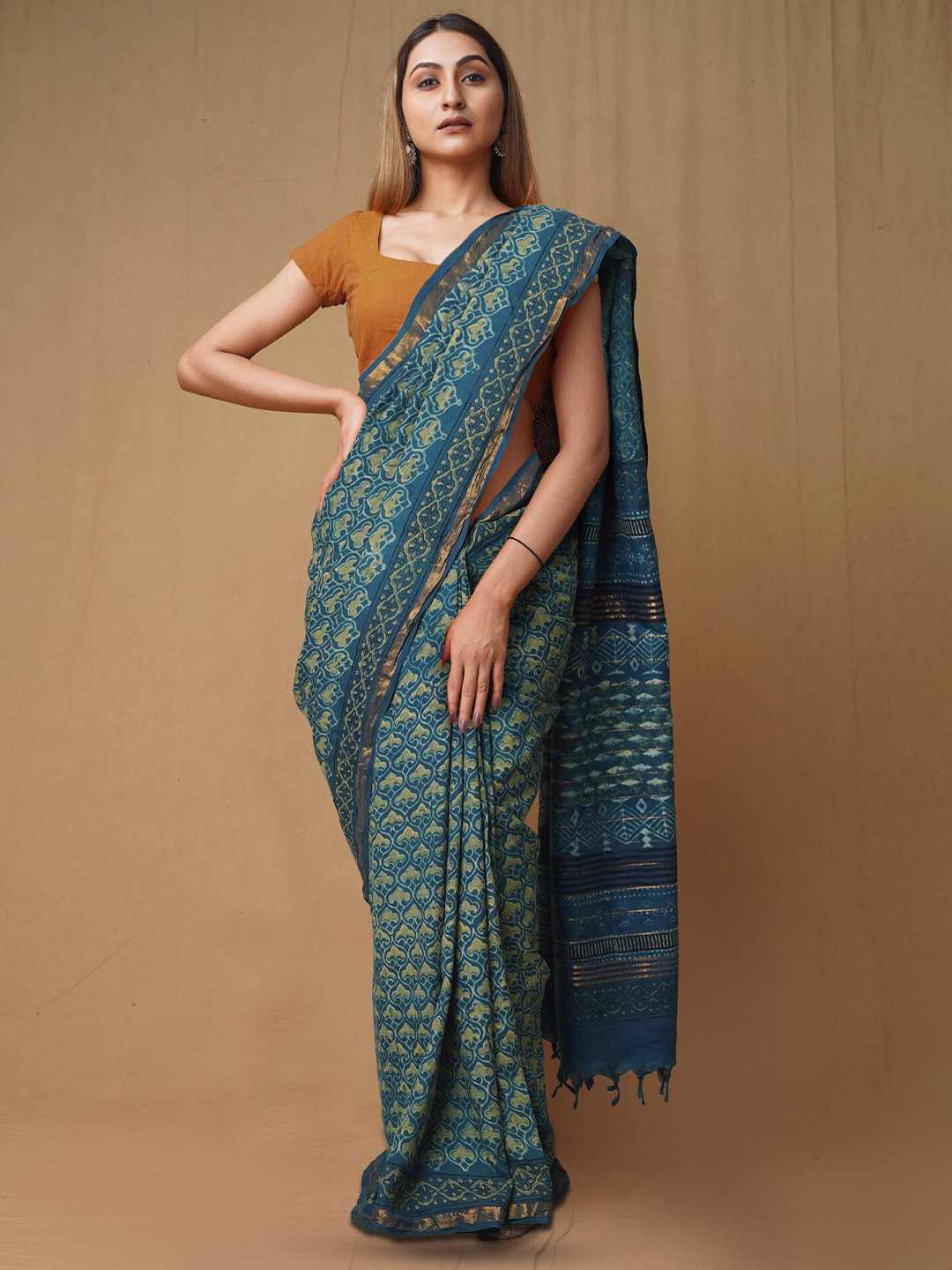 

Unnati Silks Ajrak Block Zari Pure Silk Handloom Chanderi Saree, Blue