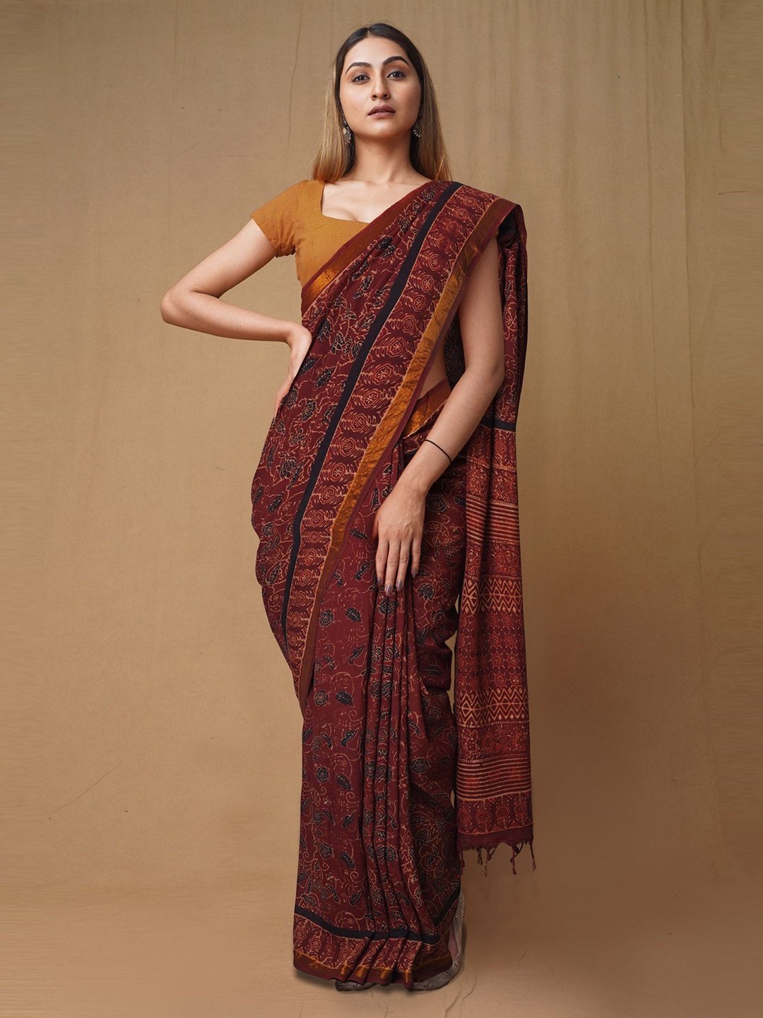 

Unnati Silks Ajrak Block Pure Silk Handloom Chanderi Saree, Brown