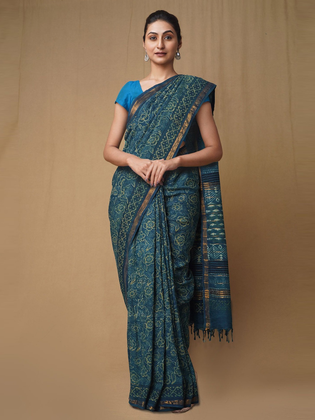 

Unnati Silks Ajrak Block Zari Pure Silk Handloom Chanderi Saree, Blue