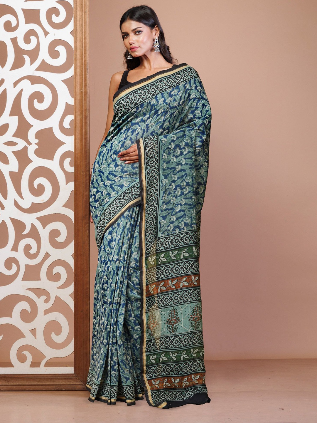 

Unnati Silks Kalamkari Zari Silk Cotton Handloom Chanderi Saree, Blue