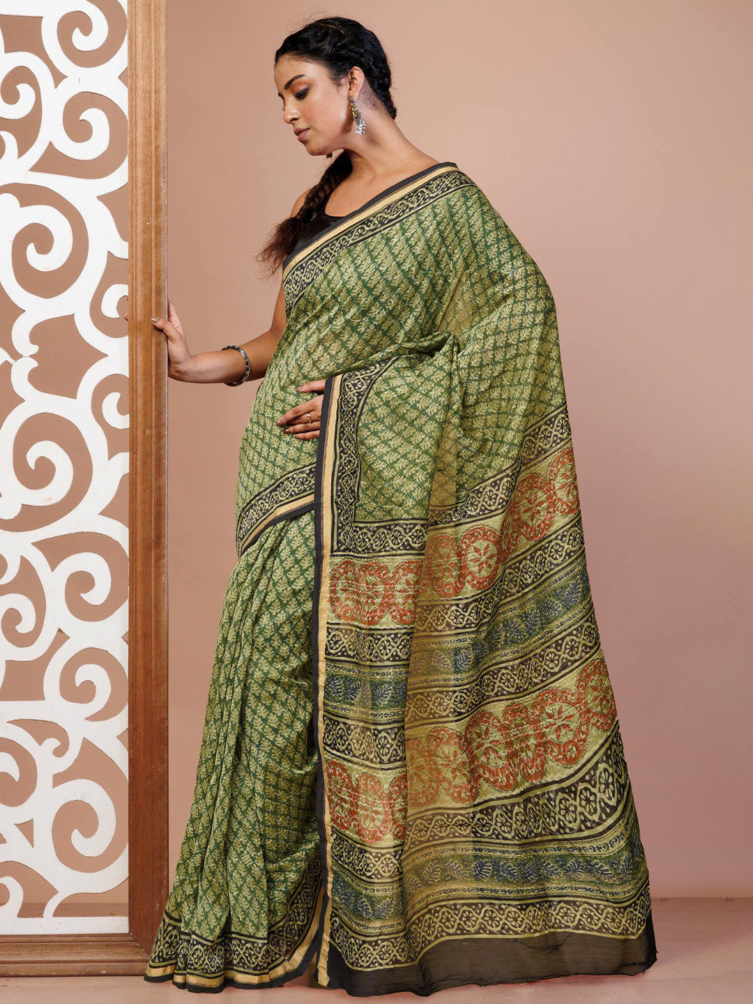 

Unnati Silks Kalamkari Zari Silk Cotton Handloom Chanderi Saree, Green