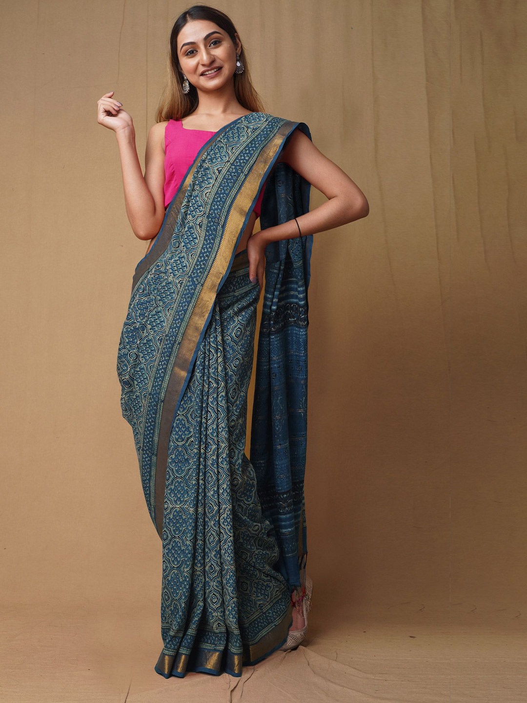

Unnati Silks Ajrak Block Zari Pure Silk Handloom Chanderi Saree, Blue