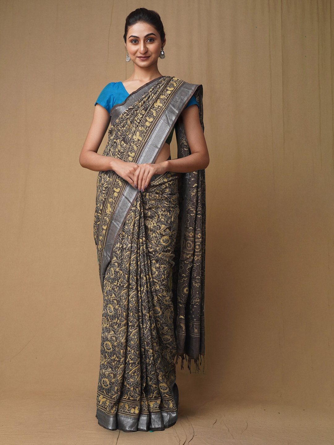 

Unnati Silks Ajrak Block Zari Pure Silk Handloom Chanderi Saree, Brown
