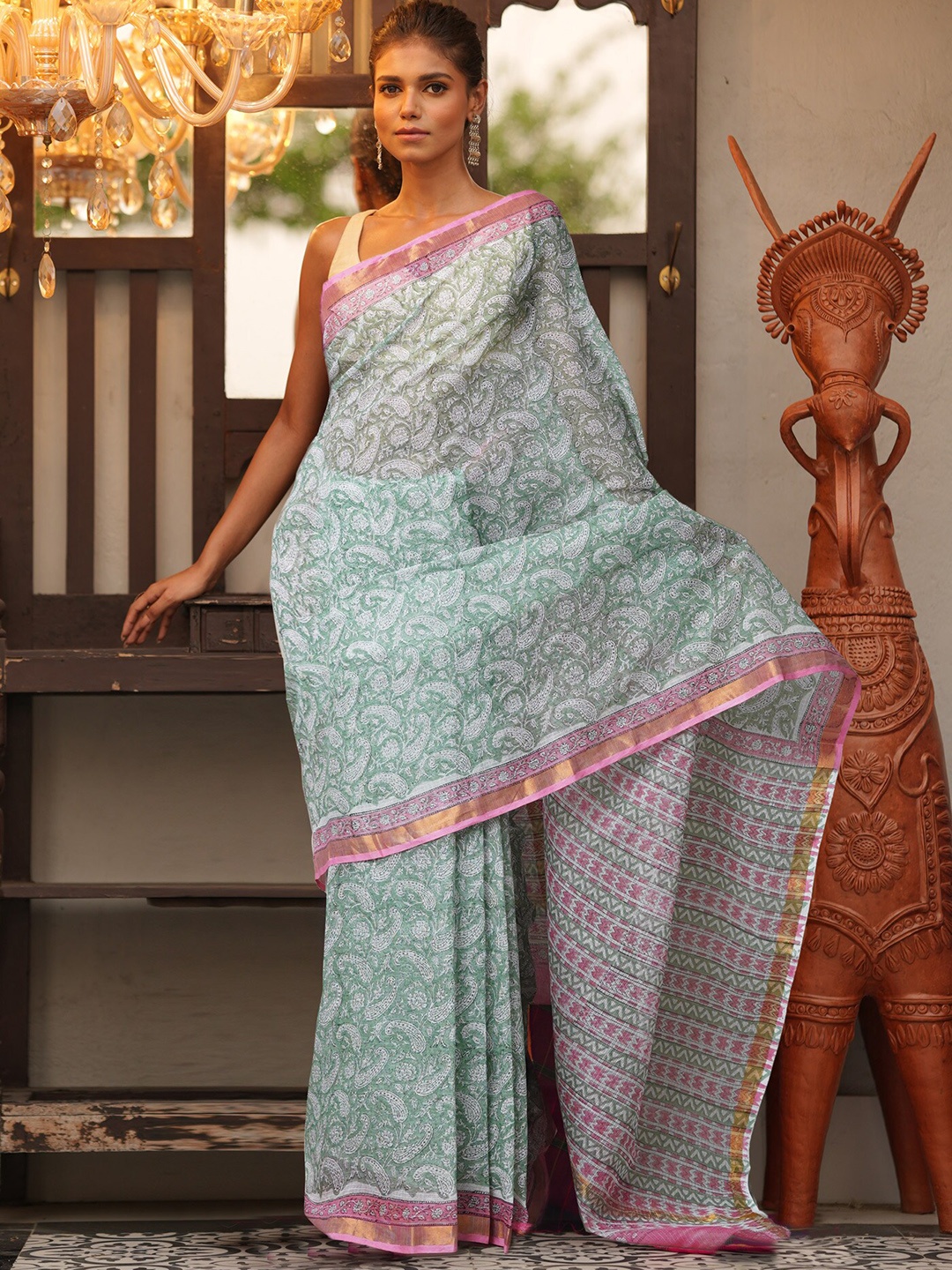 

Unnati Silks Paisley Zari Silk Cotton Handloom Kota Saree, Green