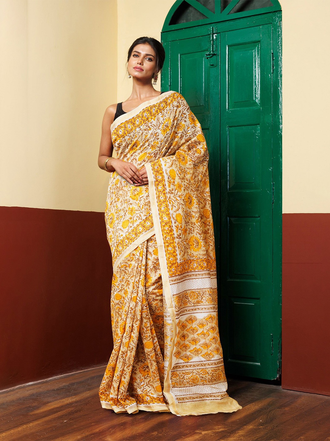 

Unnati Silks Ethnic Motifs Zari Silk Cotton Handloom Chanderi Saree, Cream