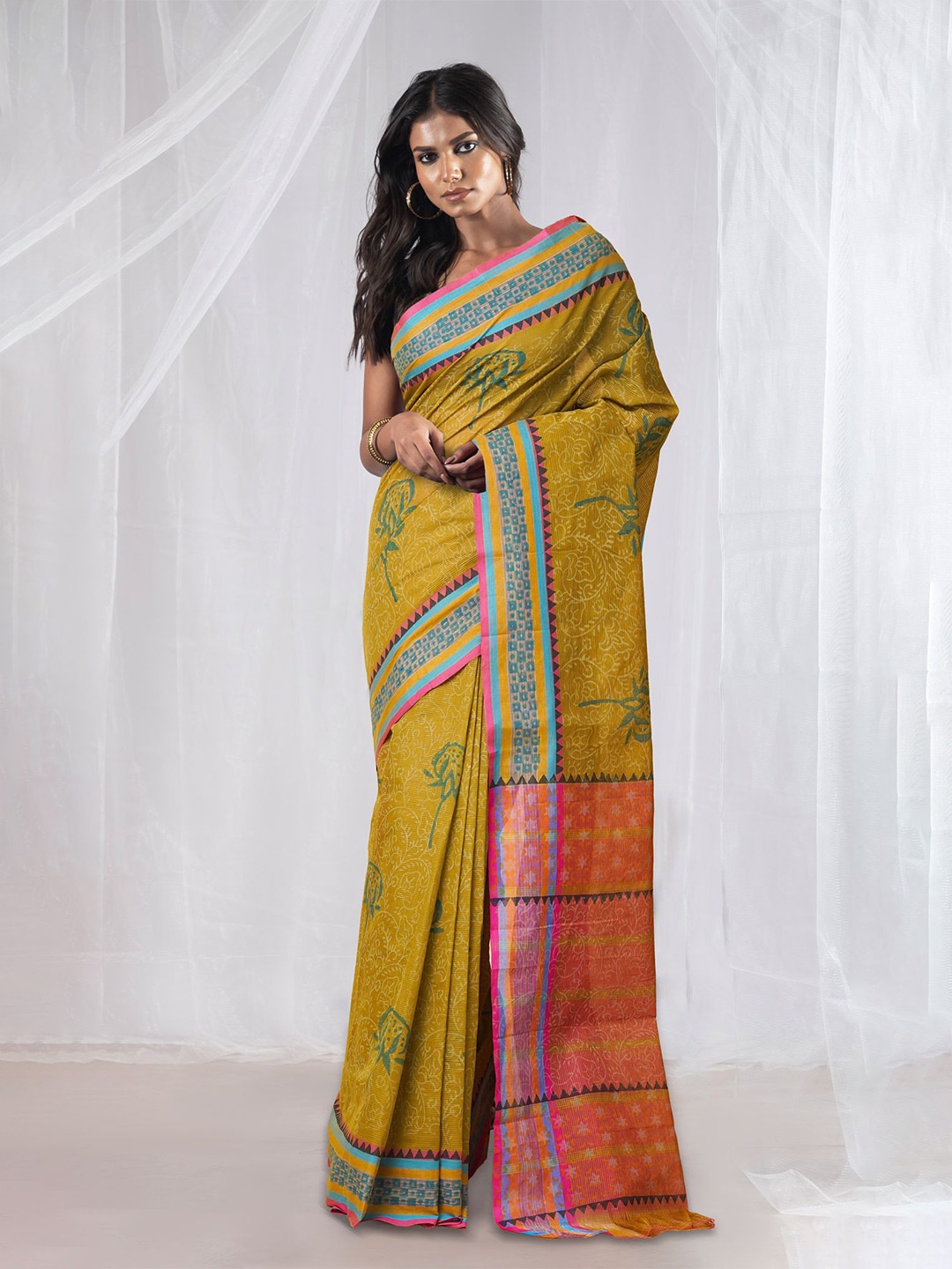 

Unnati Silks Ethnic Motifs Pure Cotton Handloom Mangalagiri Saree, Green