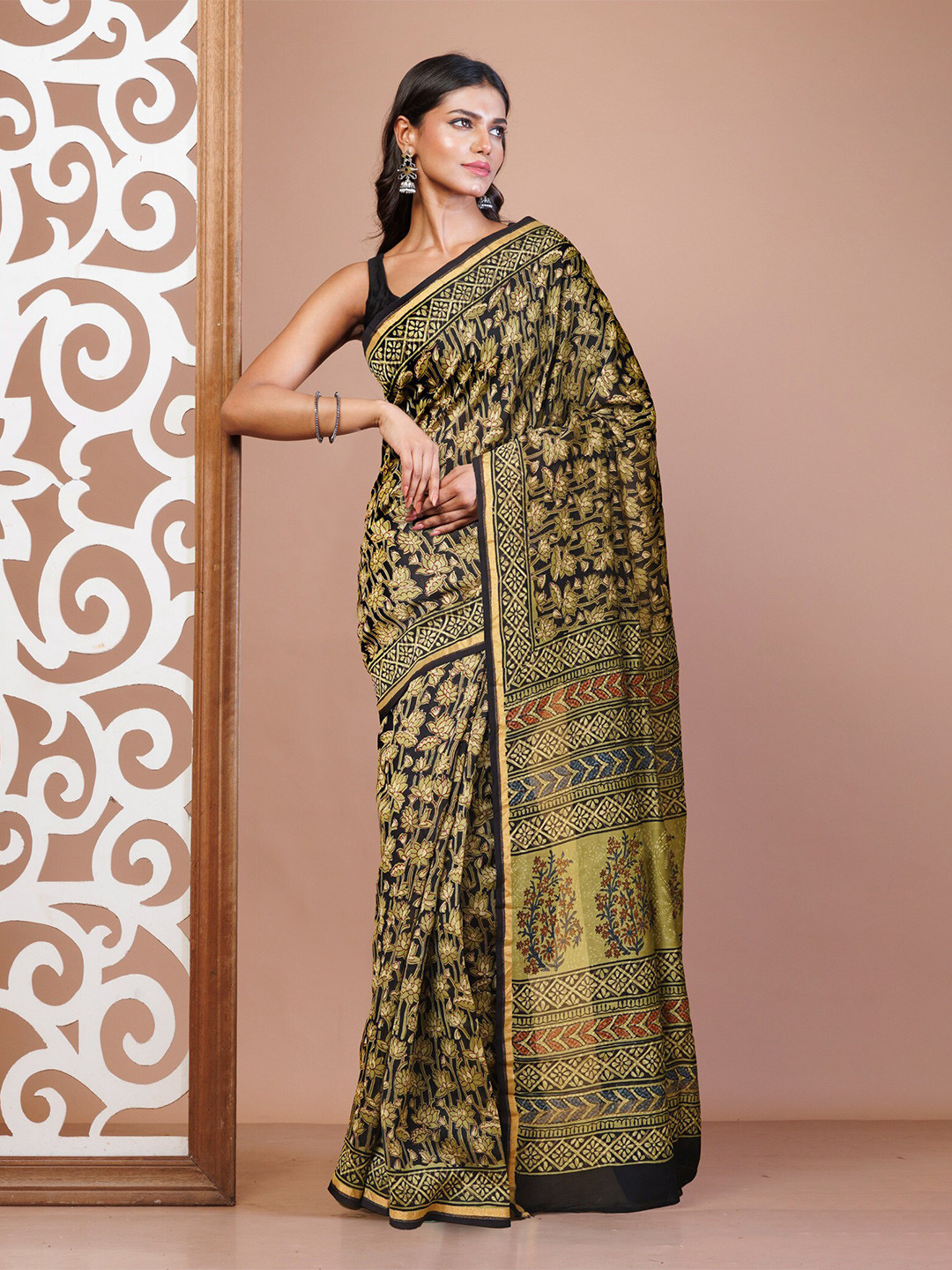 

Unnati Silks Kalamkari Silk Cotton Handloom Chanderi Saree, Black