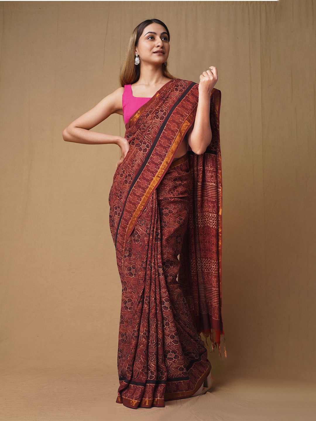 

Unnati Silks Ajrak Block Zari Pure Silk Handloom Chanderi Saree, Brown
