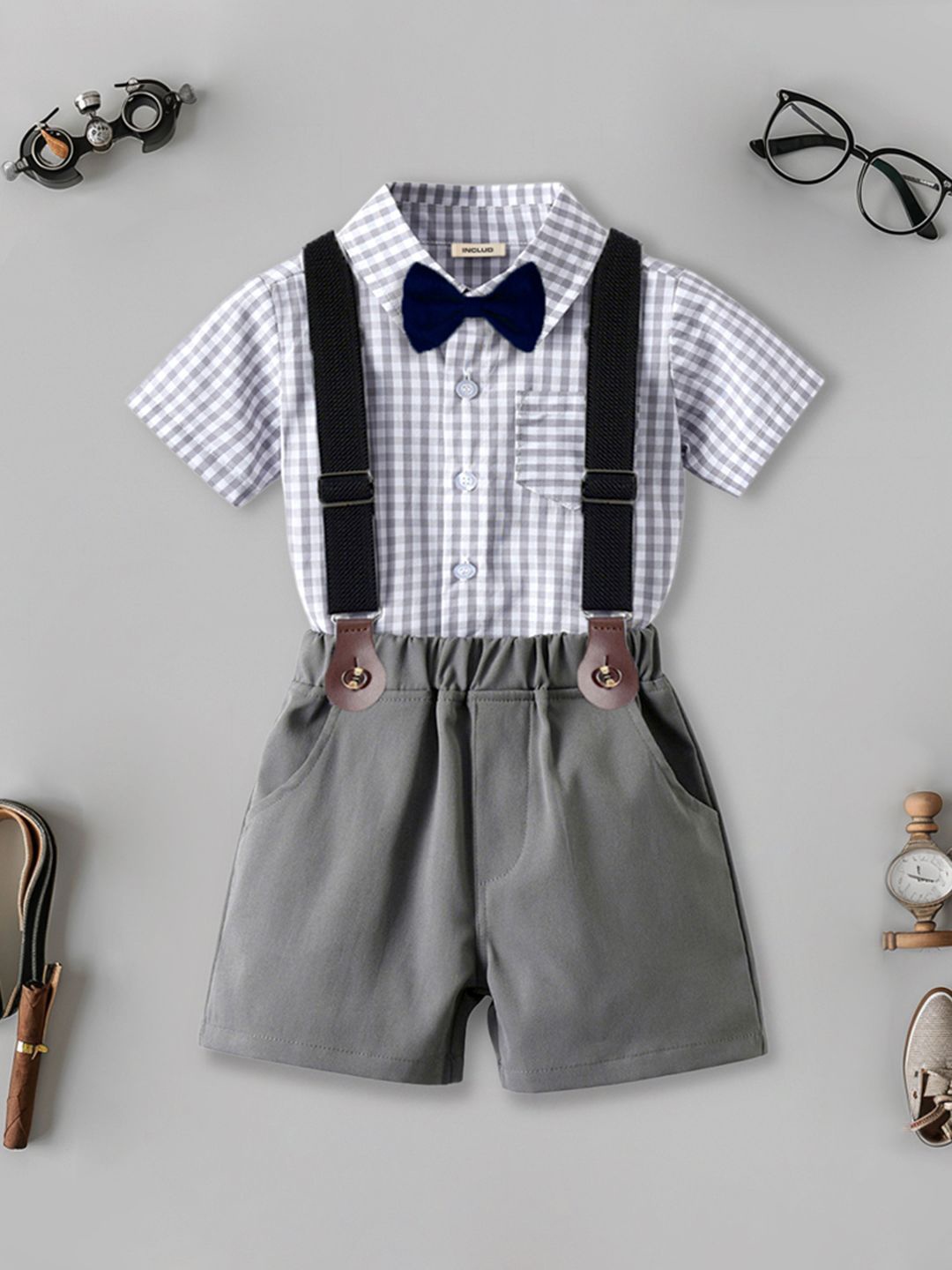 

INCLUD Boys Checked Shirt with Shorts & Suspenders, Grey