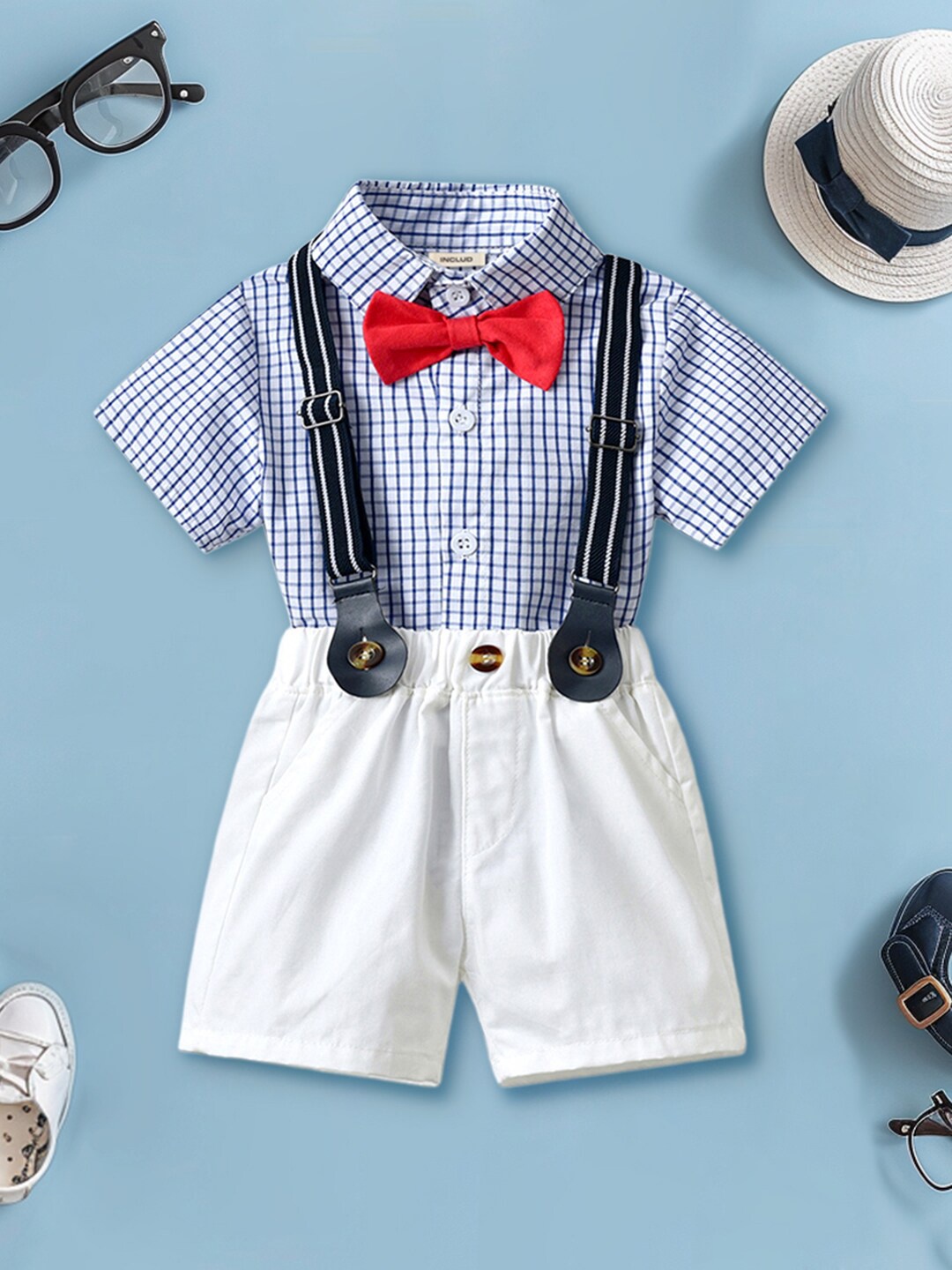 

INCLUD Boys Checked Shirt with Bow & Suspender Shorts, Blue