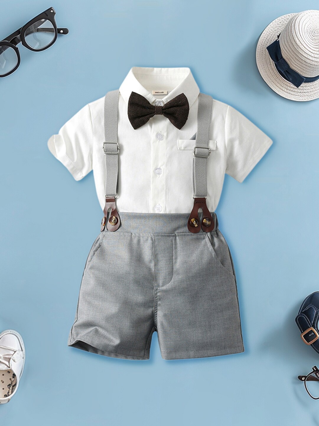 

INCLUD Boys Shirt with Bow & Suspender Shorts, Grey