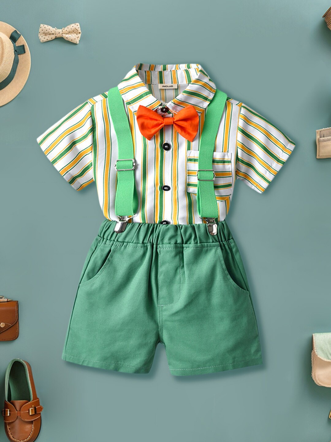 

INCLUD Boys Striped Shirt with Shorts & Suspenders, Green