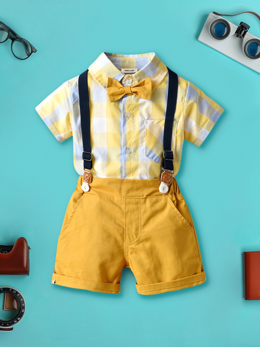 

INCLUD Boys Checked Shirt with Bow & Suspender Shorts, Yellow