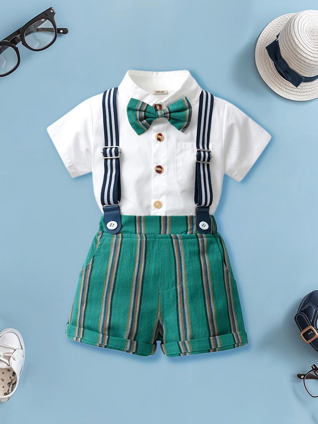 

INCLUD Boys Shirt with Bow & Suspender Shorts, Green