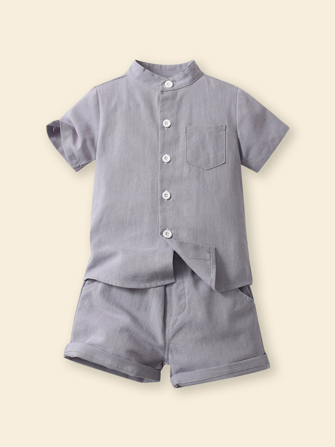 

INCLUD Boys Solid Mandarin Collar Shirt with Shorts, Grey