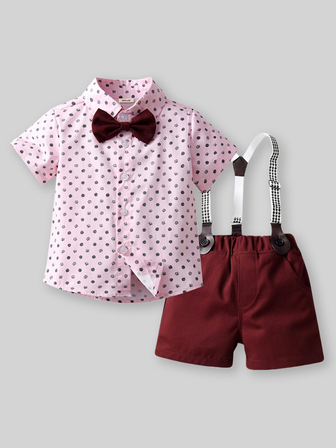 

INCLUD Boys Printed Shirt with Shorts With Suspenders, Pink