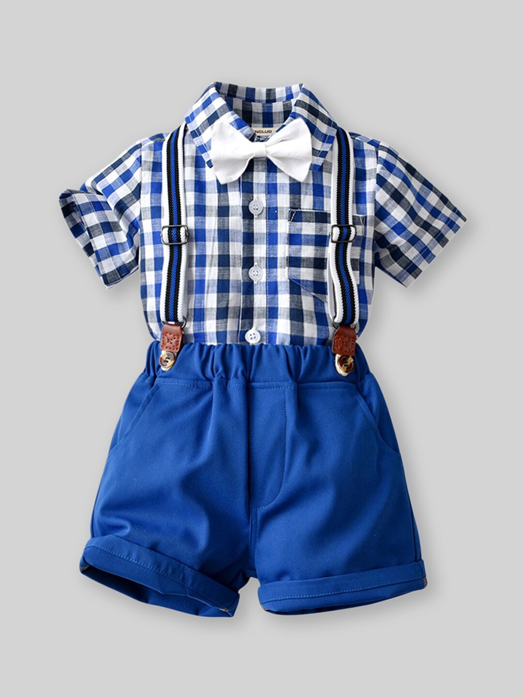 

INCLUD Boys Checked Shirt with Shorts & Suspenders, Blue