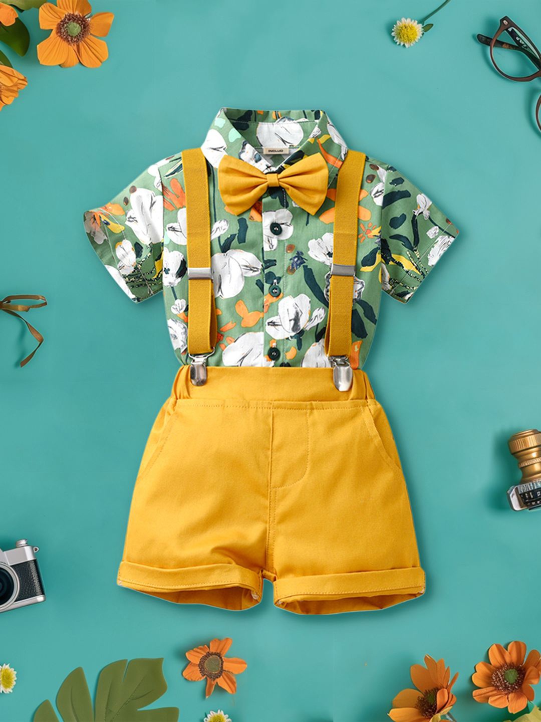 

INCLUD Boys Printed Shirt with Bow & Suspender Shorts, Yellow