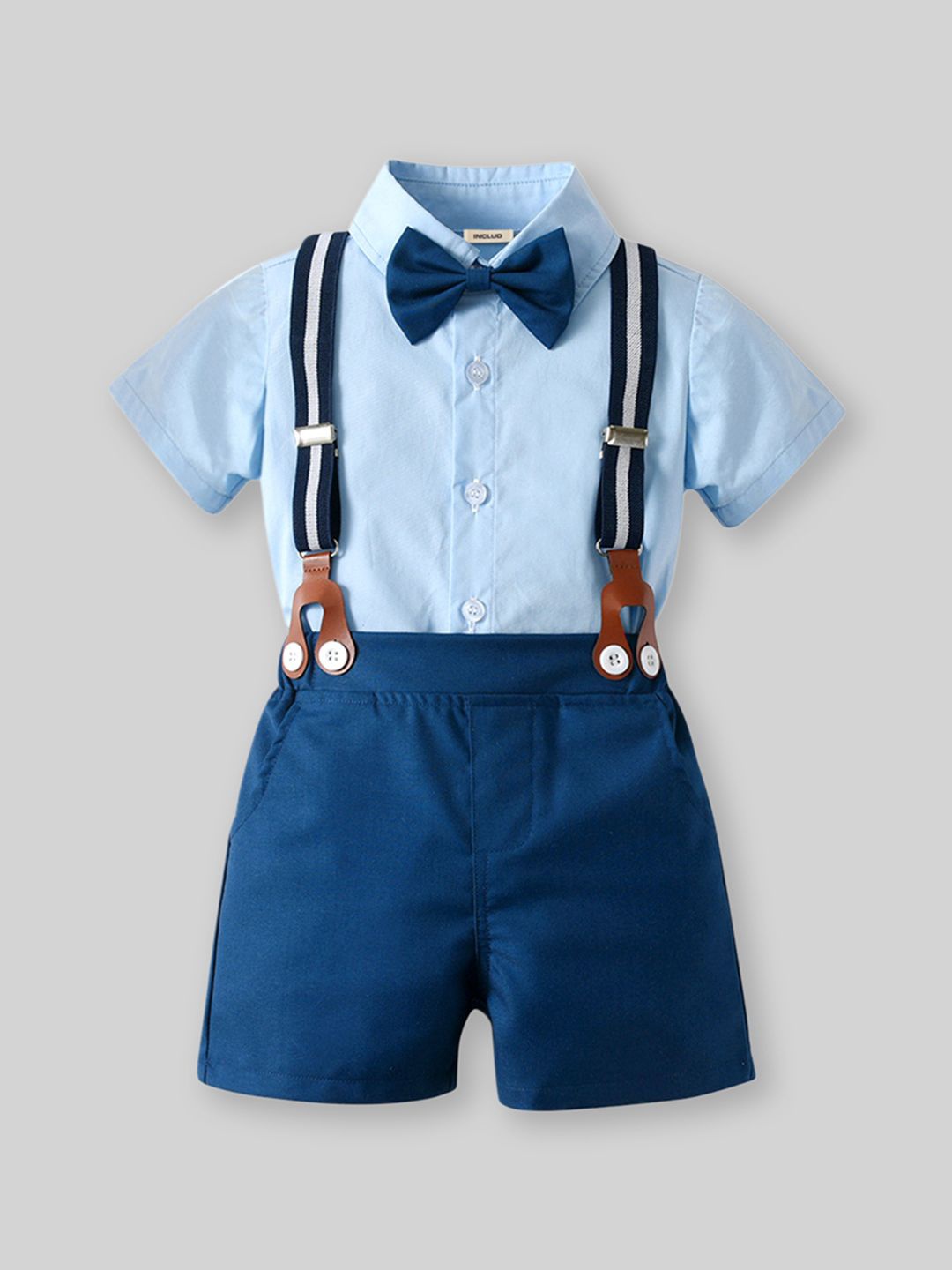 

INCLUD Boys Shirt with Bow & Suspender Shorts, Blue