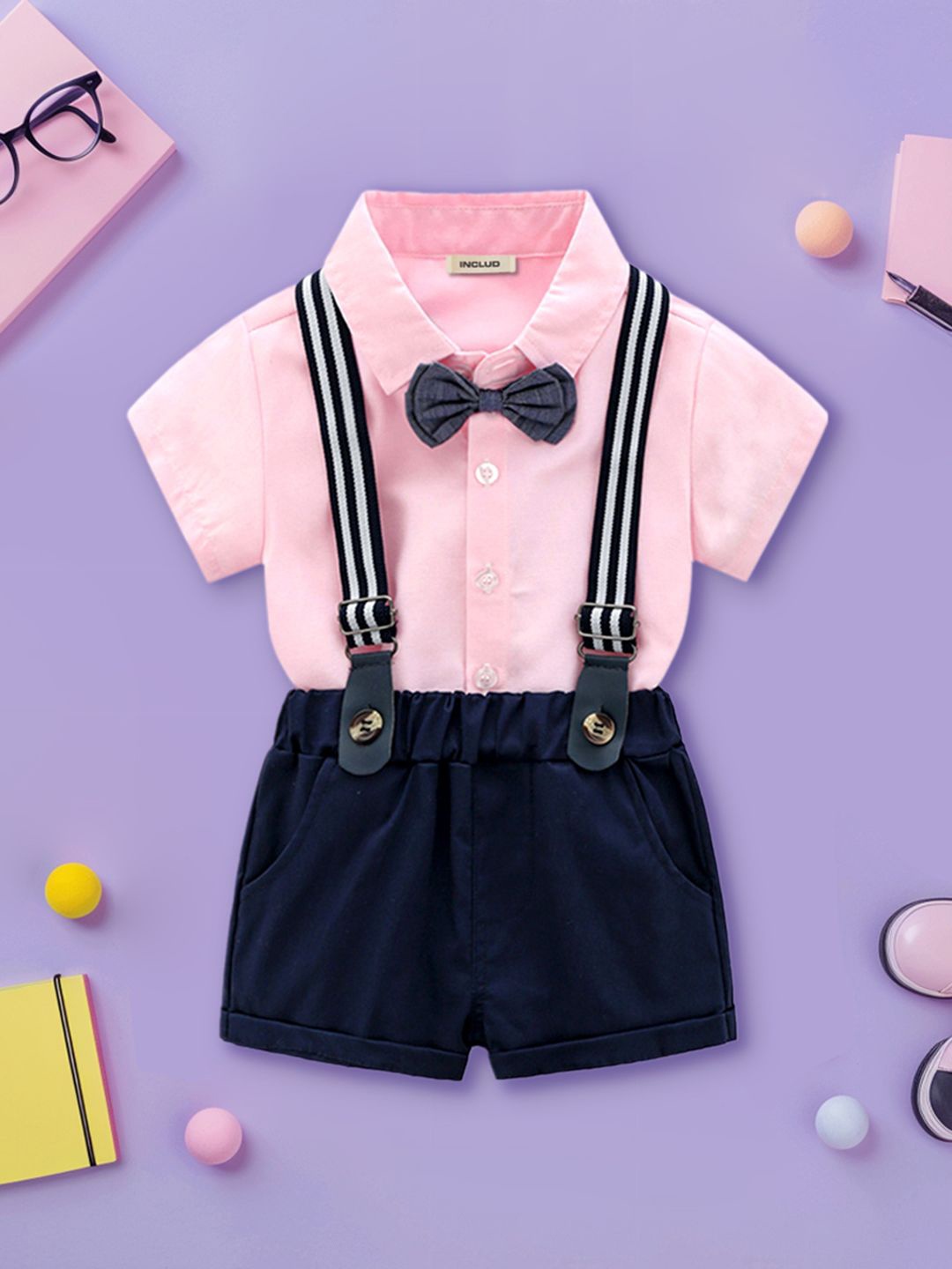INCLUD Boys Shirt with Shorts & Suspenders, Pink