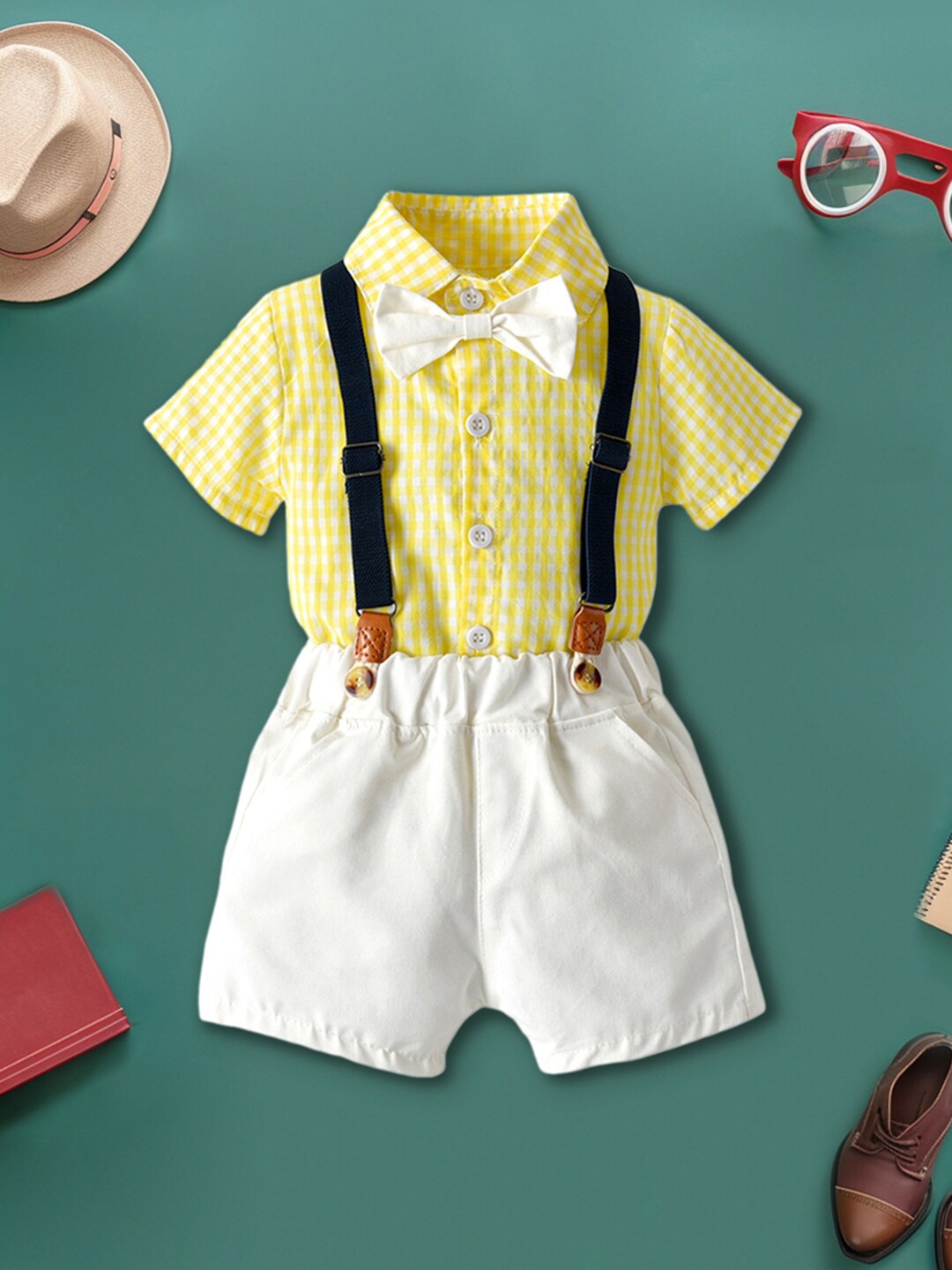 

INCLUD Boys Checked Shirt with Shorts & Suspenders, Yellow