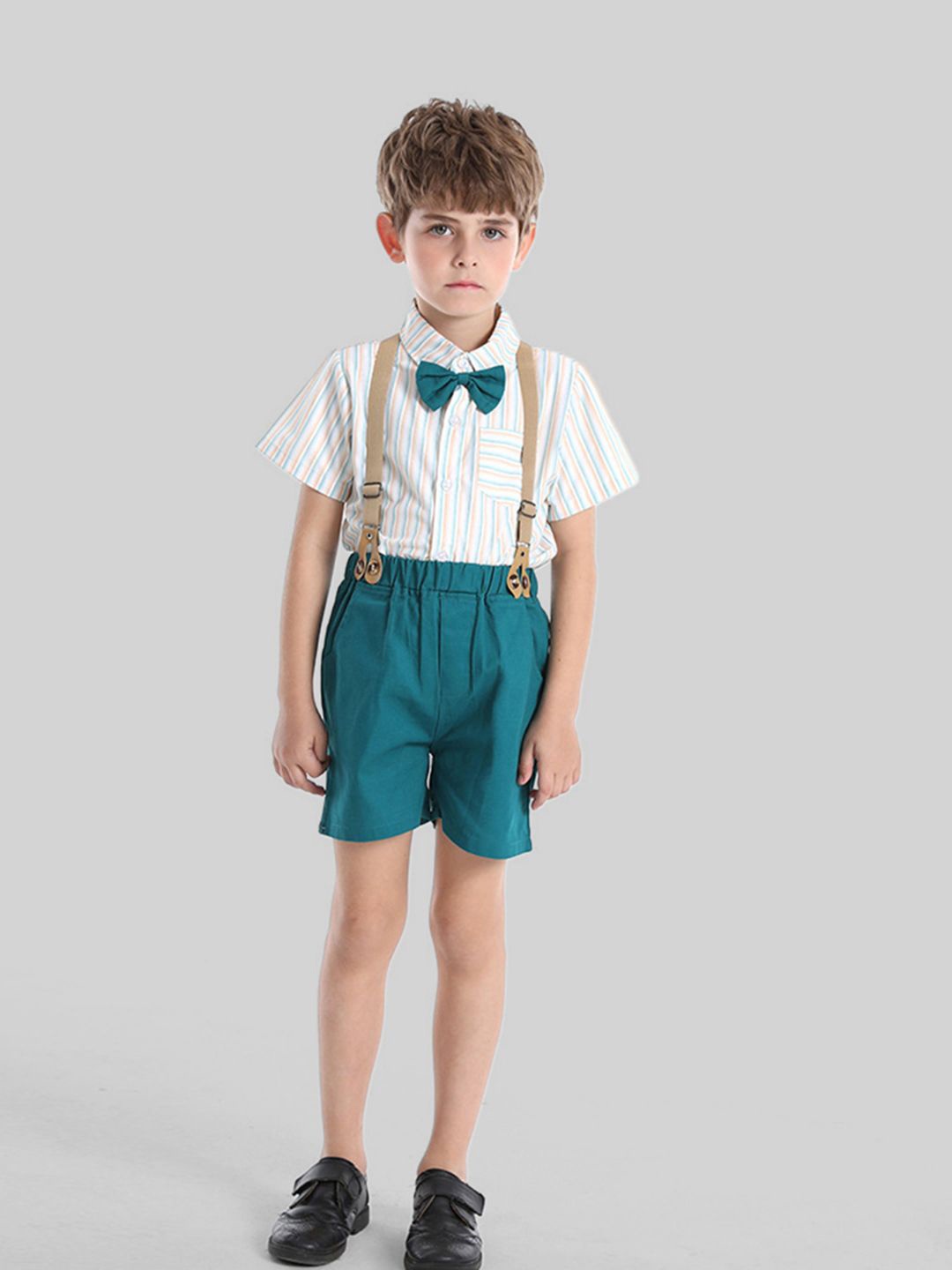 

INCLUD Boys Striped Shirt with Shorts & Suspenders, Teal