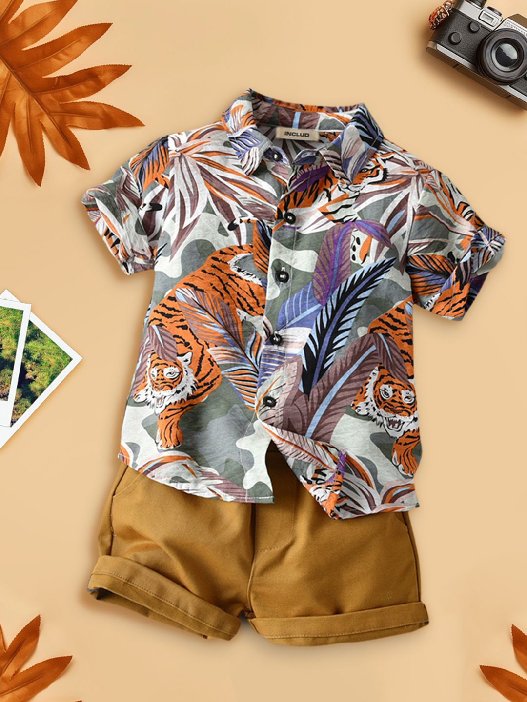 

INCLUD Boys Printed Shirt with Shorts, Khaki