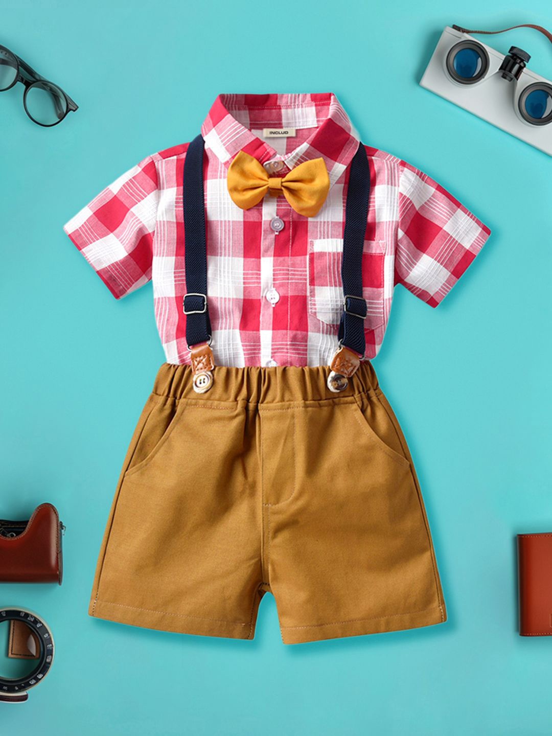 

INCLUD Boys Checked Shirt with Shorts, Red