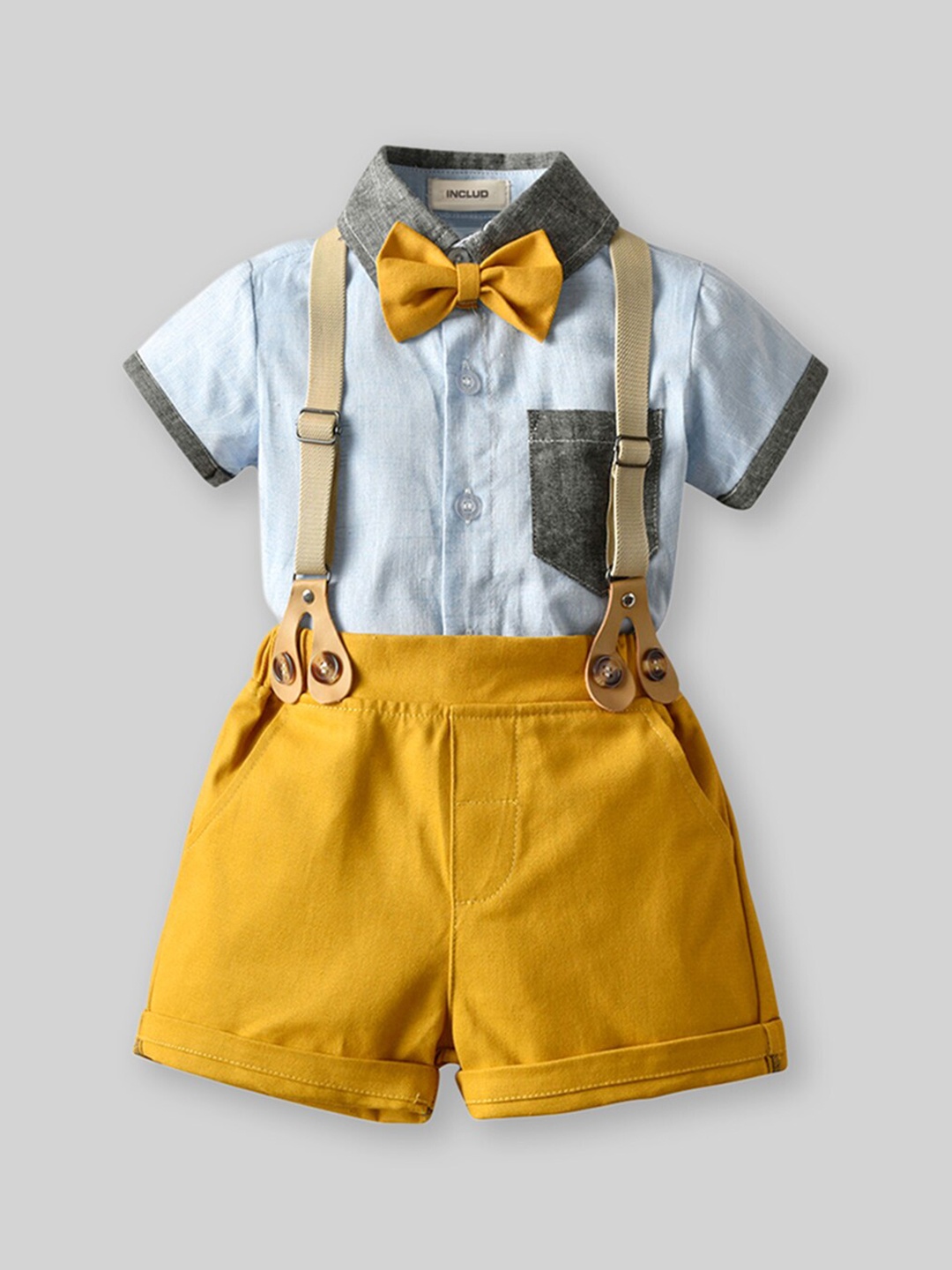 INCLUD Boys Shirt with Bow & Suspender Shorts, Yellow