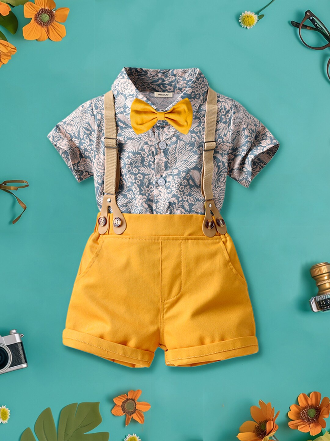 

INCLUD Boys Printed Shirt with Bow & Suspender Shorts, Yellow