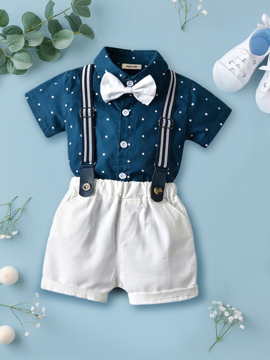 

INCLUD Boys Printed Shirt with Bow & Suspender Shorts, Blue