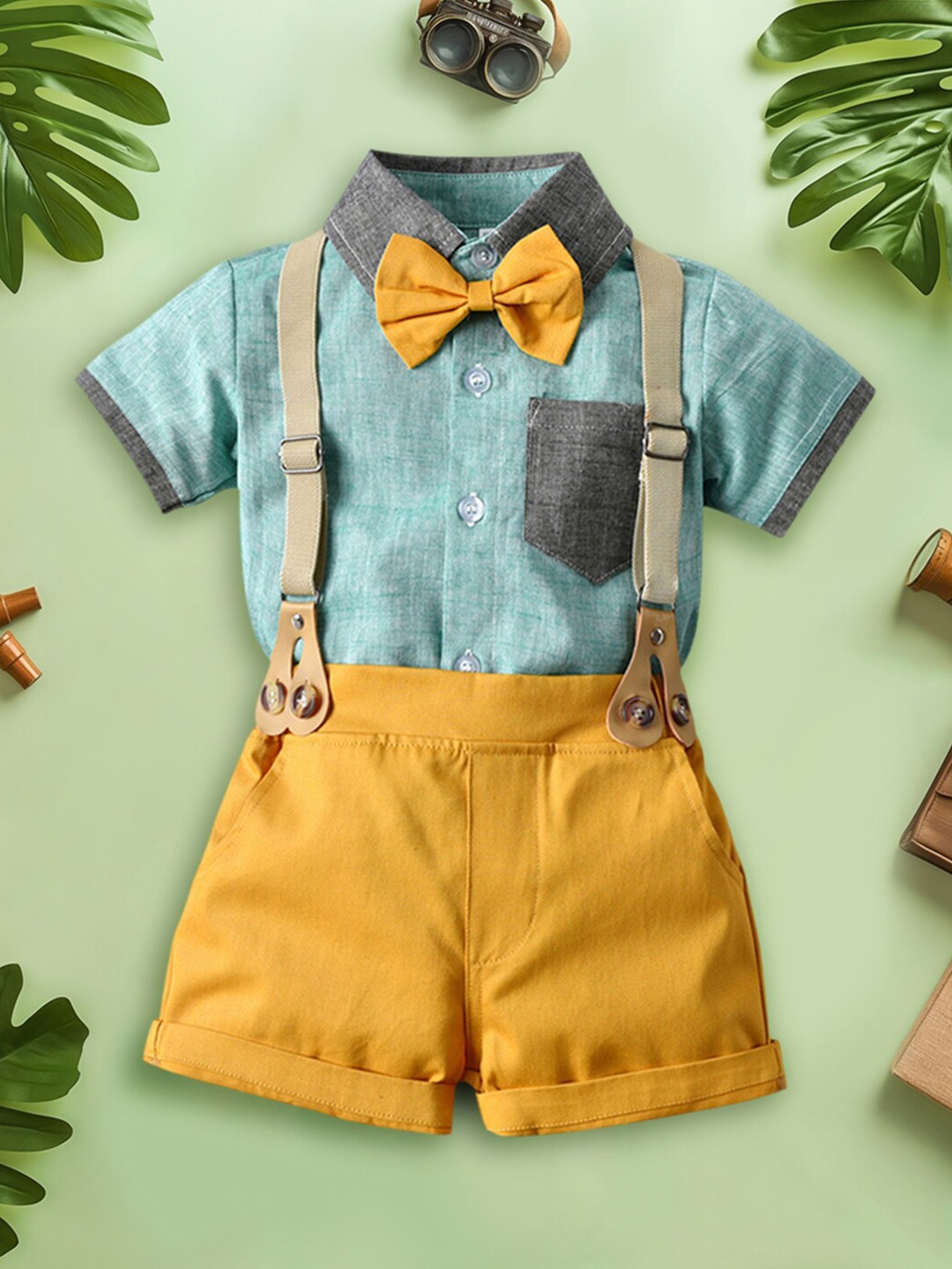 

INCLUD Boys Colourblocked Shirt with Shorts & Suspenders, Sea green