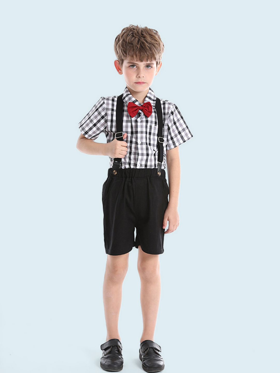 

INCLUD Boys Checked Shirt with Bow & Suspender Shorts, Black