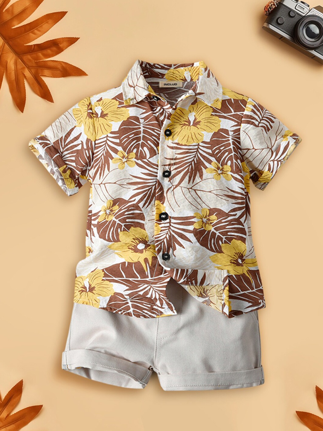 

INCLUD Boys Tropical Print Shirt With Elasticated Shorts, Beige