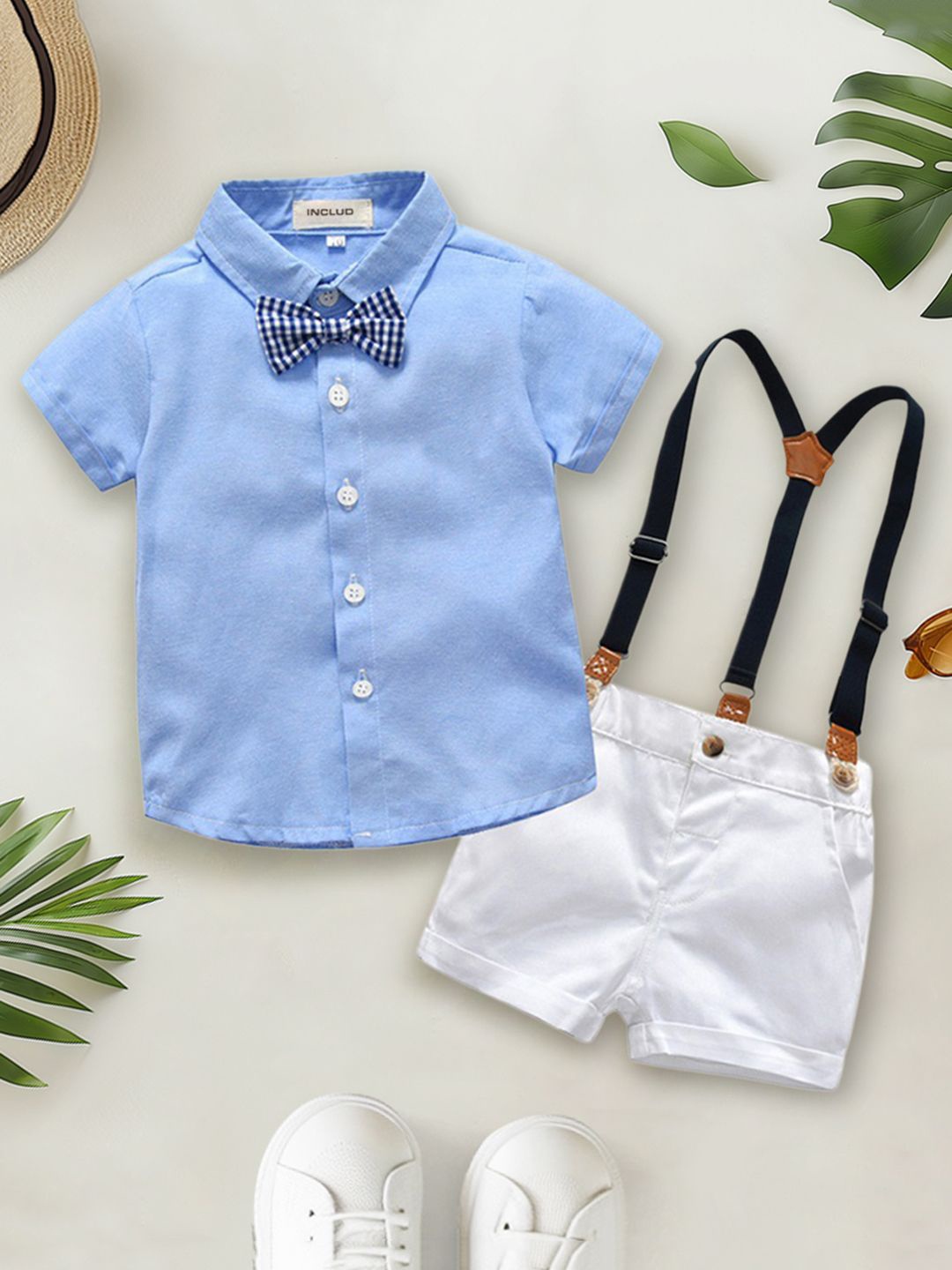 

INCLUD Boys Shirt with Bow & Suspender Shorts Set, Blue