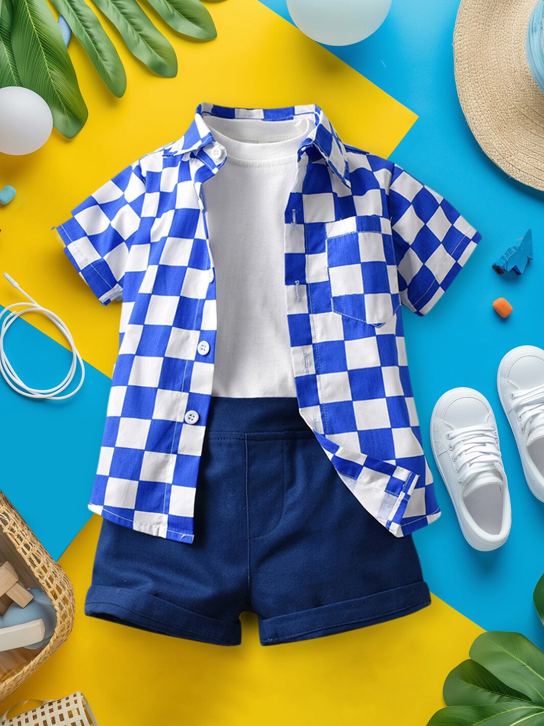 

INCLUD Boys Checked Shirt with T-Shirt & Shorts, Blue