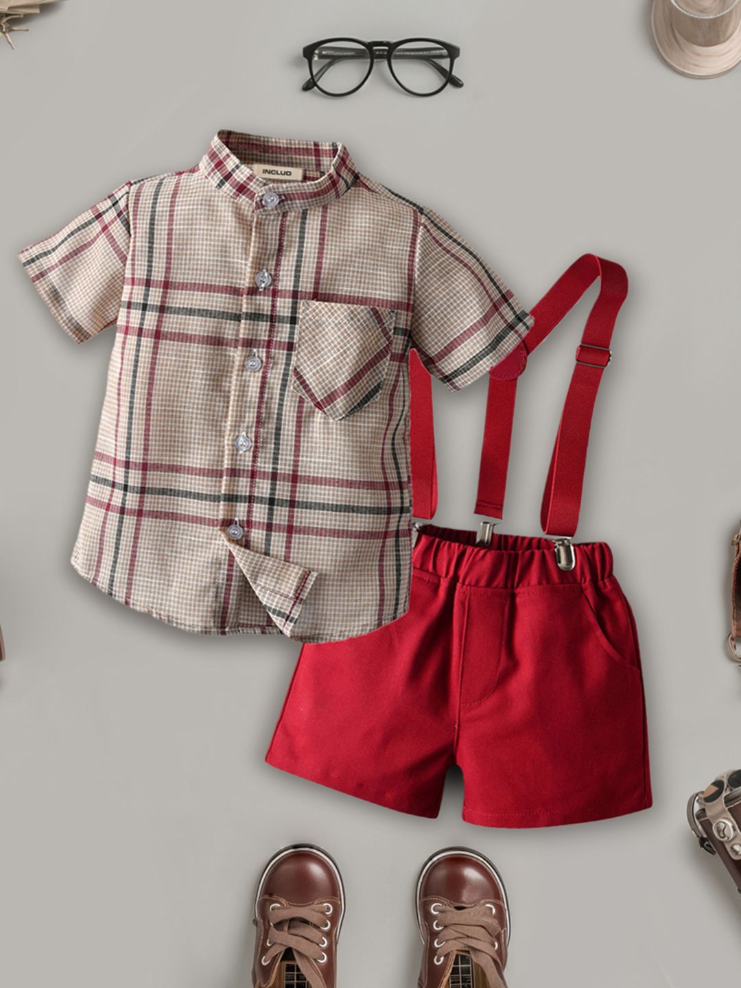 

INCLUD Boys Checked Shirt with Shorts, Red