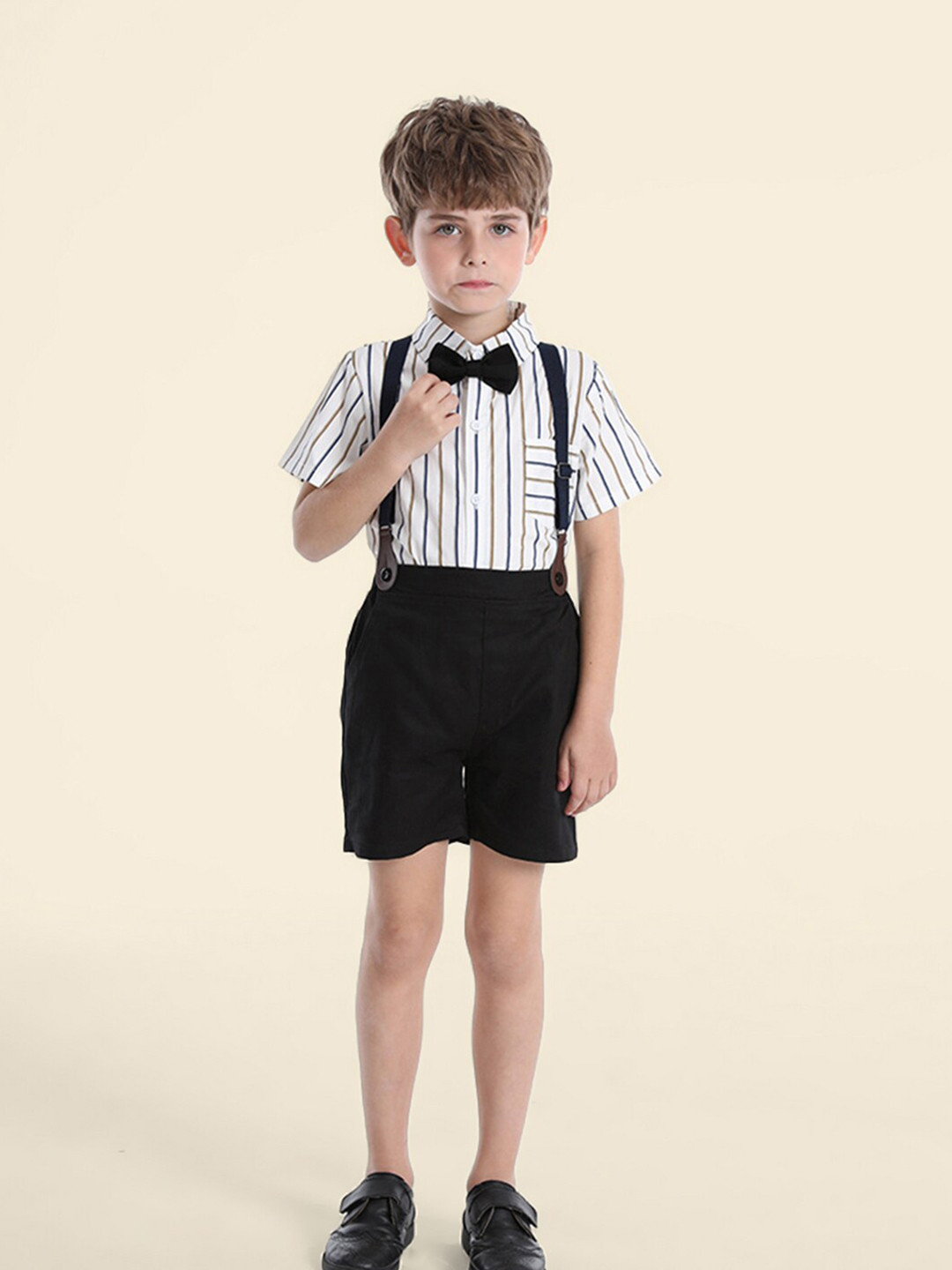 

INCLUD Striped Shirt with Bow Shorts & Suspender Shorts, Black