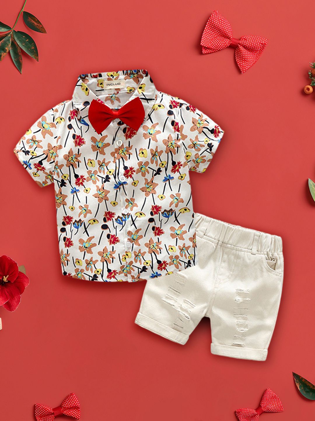 

INCLUD Boys Printed Shirt with Shorts, Cream