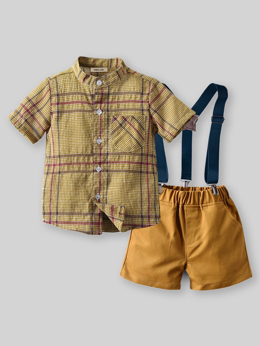 

INCLUD Boys Checked Shirt with Shorts, Khaki