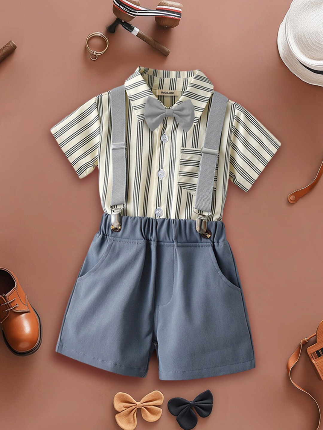 

INCLUD Boys Striped Shirt with Shorts & Suspenders, Grey